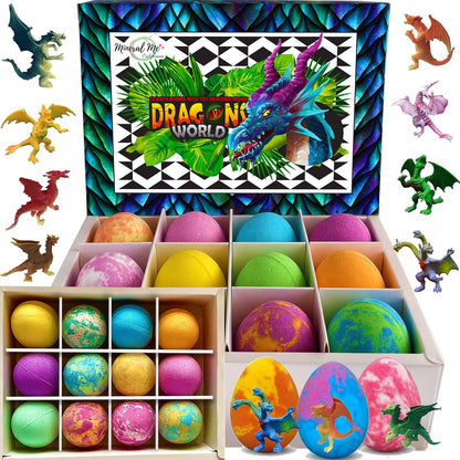 Bath Bombs for Kids with Surprise Inside - 12 Organic Bubble Bath Fizzies with Dragon Egg Toys. Gentle & Kids Friendly w/Rich Bubbles & Rainbow Colors, Birthday Gifts for Boys, Girls