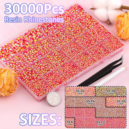 30000Pcs Red AB Rhinestones for Bedazzling with B7000 Jewelry Glue, Bedazzler Kit Flatback Gems, Resin Rhinestones for Crafting Crafts Clothing Shoes Fabric Nail Art Assorted Size 2/3/4/5/6mm