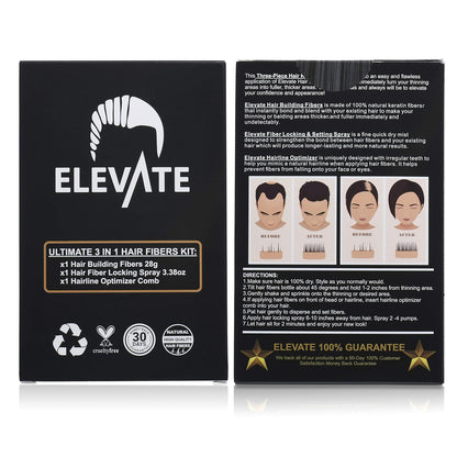 Elevate Hair Building Fibers 3-in-1 Kit for Thinning Hair (Black) Keratin Hair Thickening Powder with Fiber Lock Spray & Hairline Optimizer Comb - Instant Hair Concealer Waterproof for Men & Women