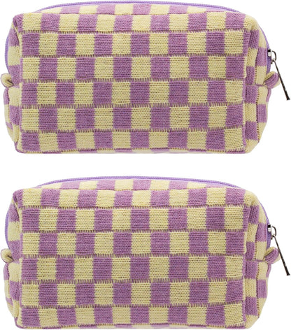 PAZIMIIK Checkered Makeup Bag for Purse Portable Zipper Make Up Pouch Small Cosmetic Case for Travel Accessories (2PCS Purple)