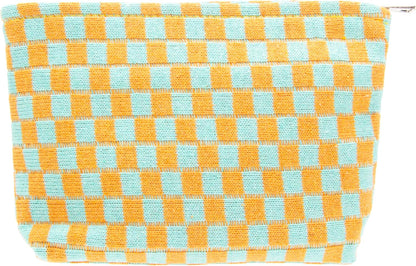 PAZIMIIK Knitted Checkered Makeup Bag Large Zipper Make Up Accessory Pouch for Purse Cosmetic Brush Bag for Travel Essential Orange Green