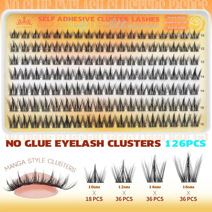Self Adhesive Eyelashes No Glue Lash Clusters Manga Eyelash Extensions Self Adhesive Eyelash Clusters Wispy Individual Lashes Extensions Spiky Pre-glued Eyelashes 126Pcs