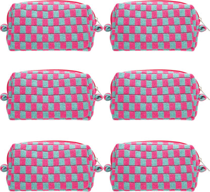 PAZIMIIK Checkered Makeup Bag for Purse Portable Zipper Make Up Pouch Small Cosmetic Case for Travel Accessories (6PCS Magenta Green)
