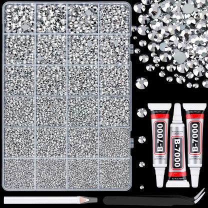 25000Pcs Resin Rhinestones with Tweezers for Crafting, Silver 2-6mm Mixed Sizes Bedazzling Crystal with 3Pcs 10ml B7000 Jewelry Glue for DIY Crafts Clothing Tumblers Shoes Fabric Nail Art