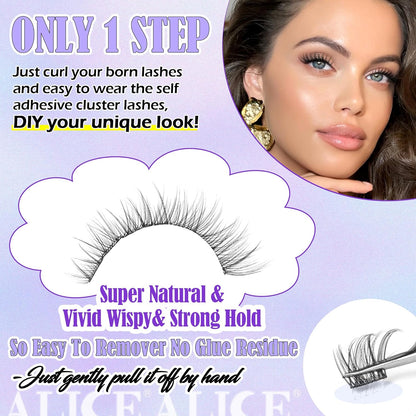 ALICE Self Adhesive Lashes Natural Look Clusters No Glue Needed Wispy Reusable Press on Lashes Pre-Glue 8-14mm 120pcs C Curl With Lash Tweezers