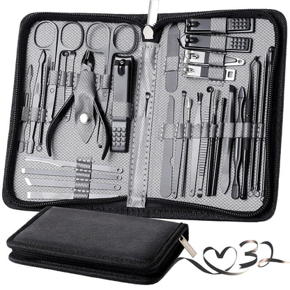 Manicure Set Pedicure Kit Womens Nail Clippers Set 32 in 1 Professional Grooming Care Tools Nail Kit Including Facial, Fingernails and Toenails Care with Travel Case Women (Gray_32 in 1)