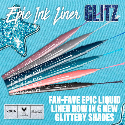 NYX PROFESSIONAL MAKEUP Epic Ink Glitz Liner, Waterproof Metallic Liquid Eyeliner with Vegan Formula - Denim Dazzle (Shimmer Deep Navy)