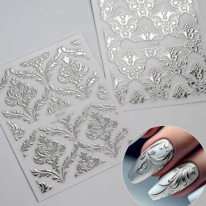 30 Sheets Silver Lace Nail Art Stickers 3D Self-Adhesive Silver Hollow Retro Floral Vine Design Decals for Women Spring Summer Manicure Slider Decorations