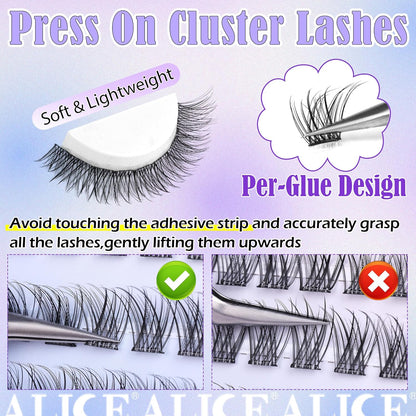 Self Adhesive Eyelashes Reusable Natural Self Adhesive Lash Clusters Wispy Press on Lashes Pre-Glue 8-12mm 120pcs C Curl DIY Eyelash Extensions Kit No Glue Needed by ALICE