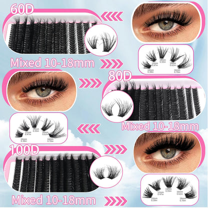 D Curl Volume Fake Eyelashes Lashes Cluster Kit Wispy Faux Mink Lashes 696Pcs Bulk Packs, DIY Individual Eyelash Extensions Wholesale Combo Pack with Glue|Tweezers|Removers