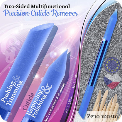 Glass Cuticle Pusher by GLADZY - Manicure Stick, Genuine Czech Quality, Professional Precision Filing Cuticle Remover, Abrasive Surface Never Wears Out - Blue