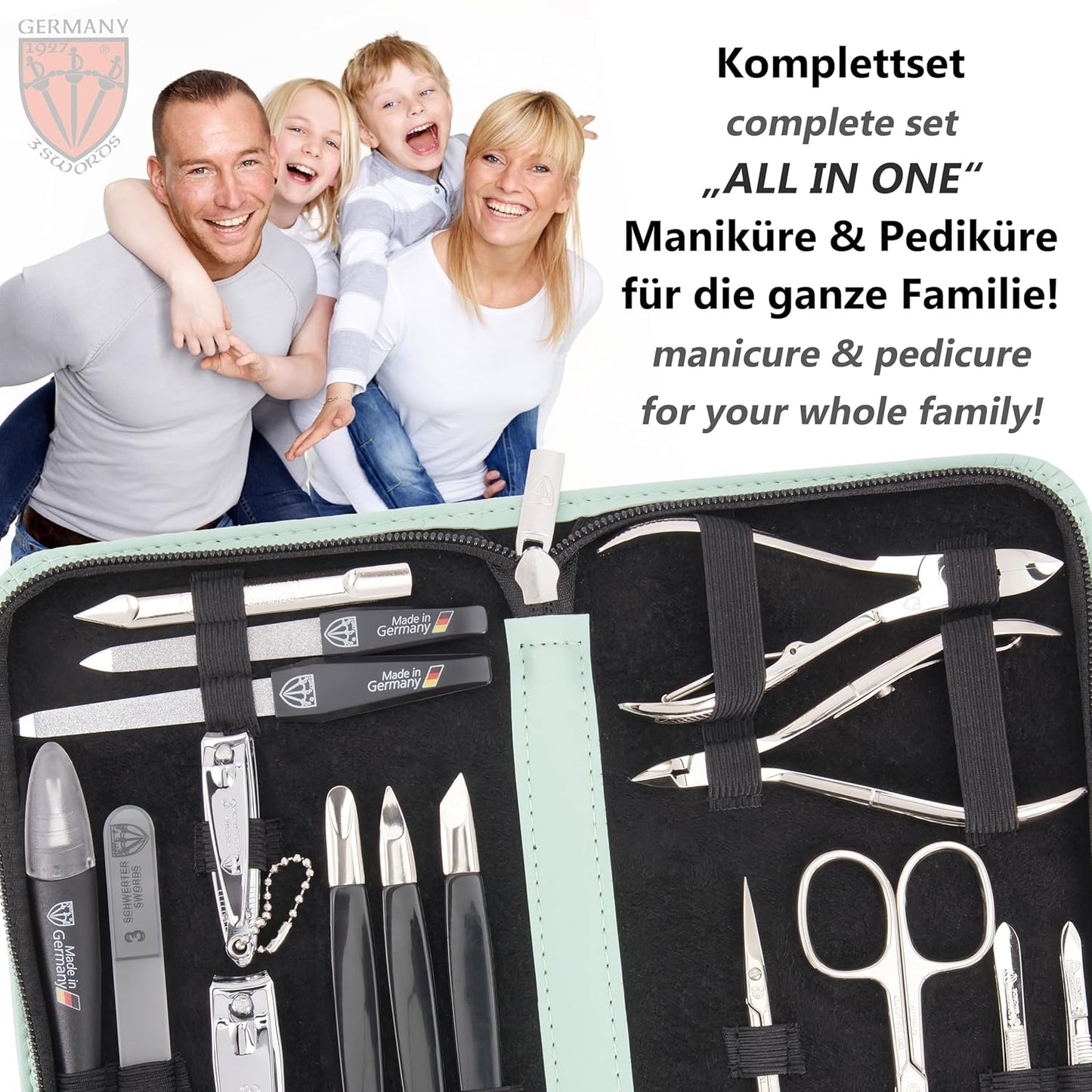 3 Swords Germany - brand quality 16 piece manicure pedicure grooming kit set fashion leather case mint, Made in Germany