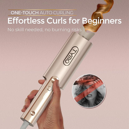 Upgraded Automatic Rotating Curling Iron - TYMO CurlPro Plus Long Barrel Curling Wand for Long Hair, Ceramic Hair Curler for Women, Anti-Scald, Tangle-Free, 600M Ionic, Dual Voltage, Gold, 1 1/4 Inch