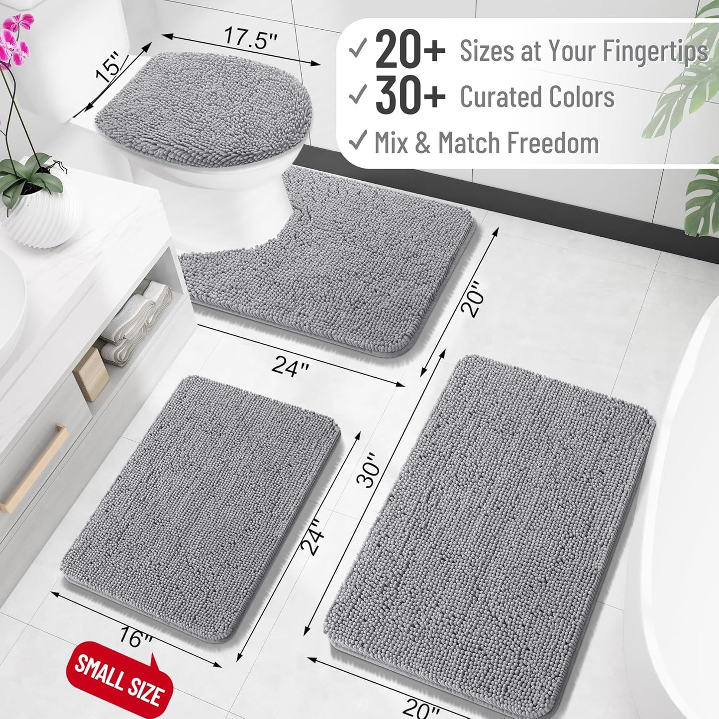 OLANLY Toilet Rugs U-Shaped 24x20, Extra Soft Absorbent Chenille Contour Bathroom Rugs for Toilet, Dry Quickly, Machine Washable, Non-Slip Bath Mat, Grey