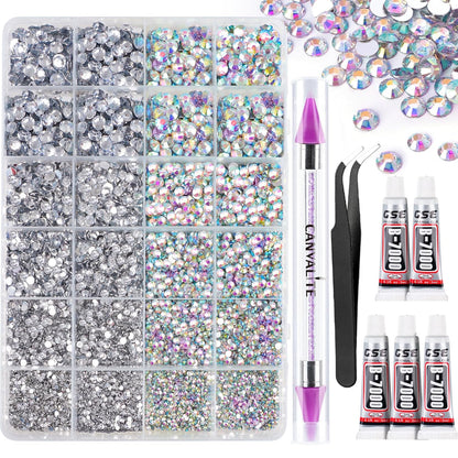Canvalite 25000PCS Resin Jelly Rhinestones for Crafting,Clear AB Flatback Gems, Bedazzling Crystal with 5 X 2.5g B7000 Jewelry Glue and Tweezers and Dotting Pen for DIY Crafts Clothing Shoes Nail Art