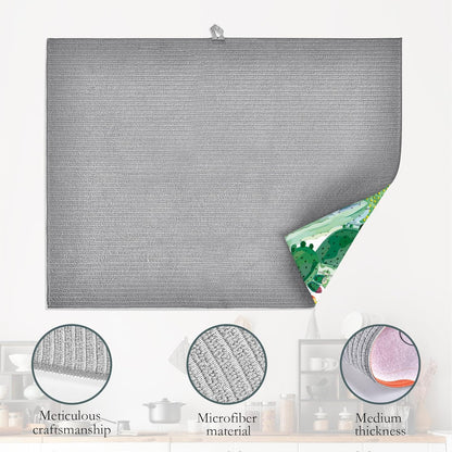 Green Cactus Dish Drying Mat, Tropical Plant Drying Rack Pad Countertop Dishes Ultra Absorbent Microfiber Kitchen Counter Mat for Coffee Countertop Decor 18x24 Inch