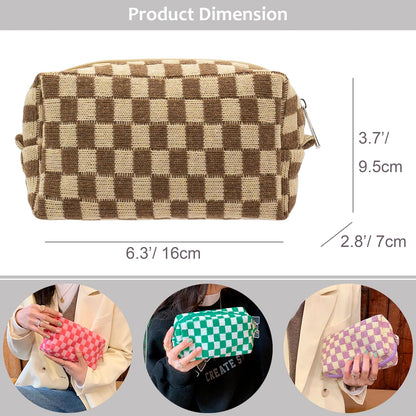 PAZIMIIK Checkered Makeup Bag for Purse Portable Zipper Make Up Pouch Small Cosmetic Case for Travel Accessories (2PCS Coffee)