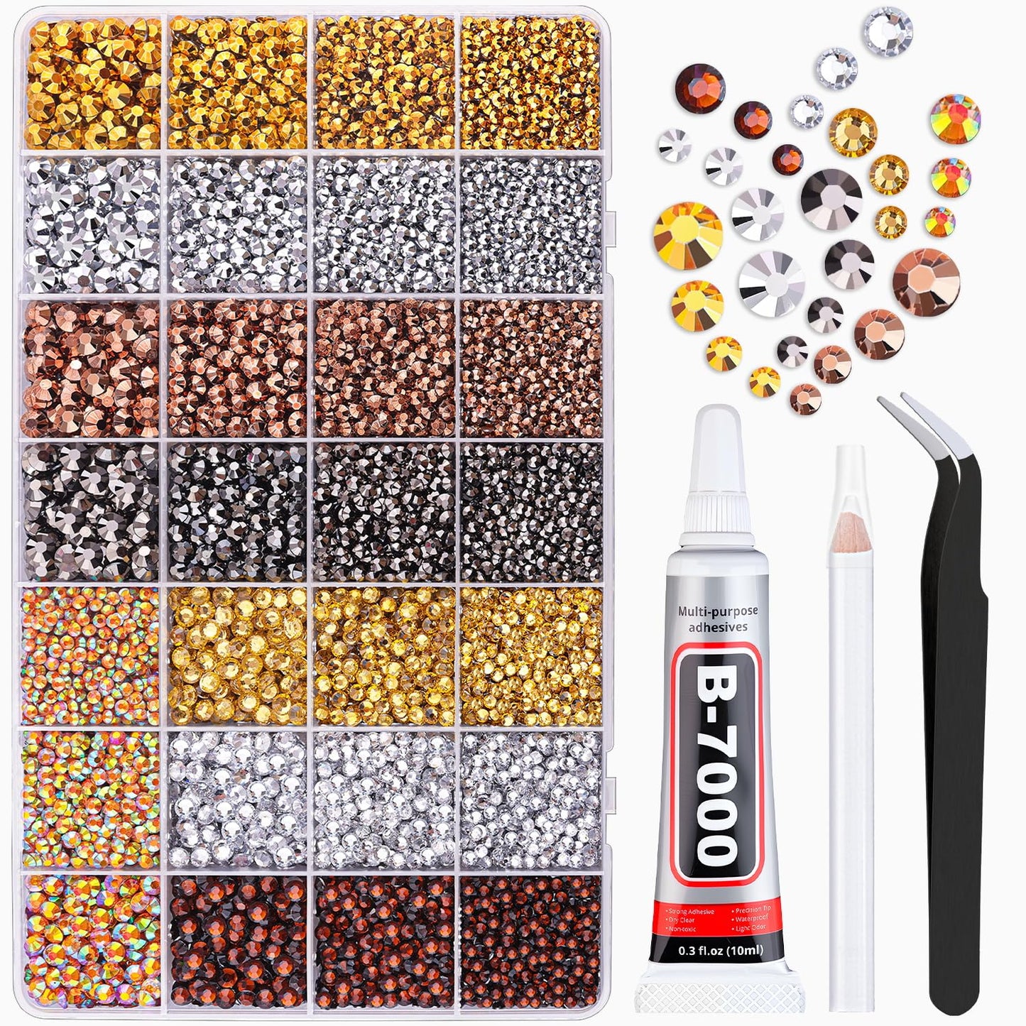 20000Pcs Metallic Rhinestones for Bedazzling with 1Pcs B7000 Jewelry Glue, Resin Rhinestones for Crafting Crafts DIY, Bedazzler Kit Gems for Clothing Shoes Tumblers Nail Art Assorted Size 3/4/5/6mm