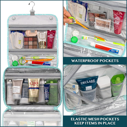 PAVILIA Hanging Toiletry Bag Women Men, Foldable Cosmetic Organizer Travel Bag, Water Resistant Makeup Bag Toiletries, Large Travel Essentials Kit (Teal Chevron)