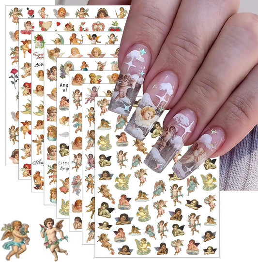 8 Sheets Angel Nail Art Stickers 3D Self-Adhesive Cupid Angel Rose Flowers Wings Heart Design Stickers Decals Valentine's for Women Acrylic DIY Manicure Salon Decoration Kits