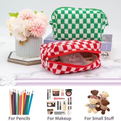 PAZIMIIK Checkered Makeup Bag for Purse Portable Zipper Make Up Pouch Small Cosmetic Case for Travel Accessories (2PCS Red)