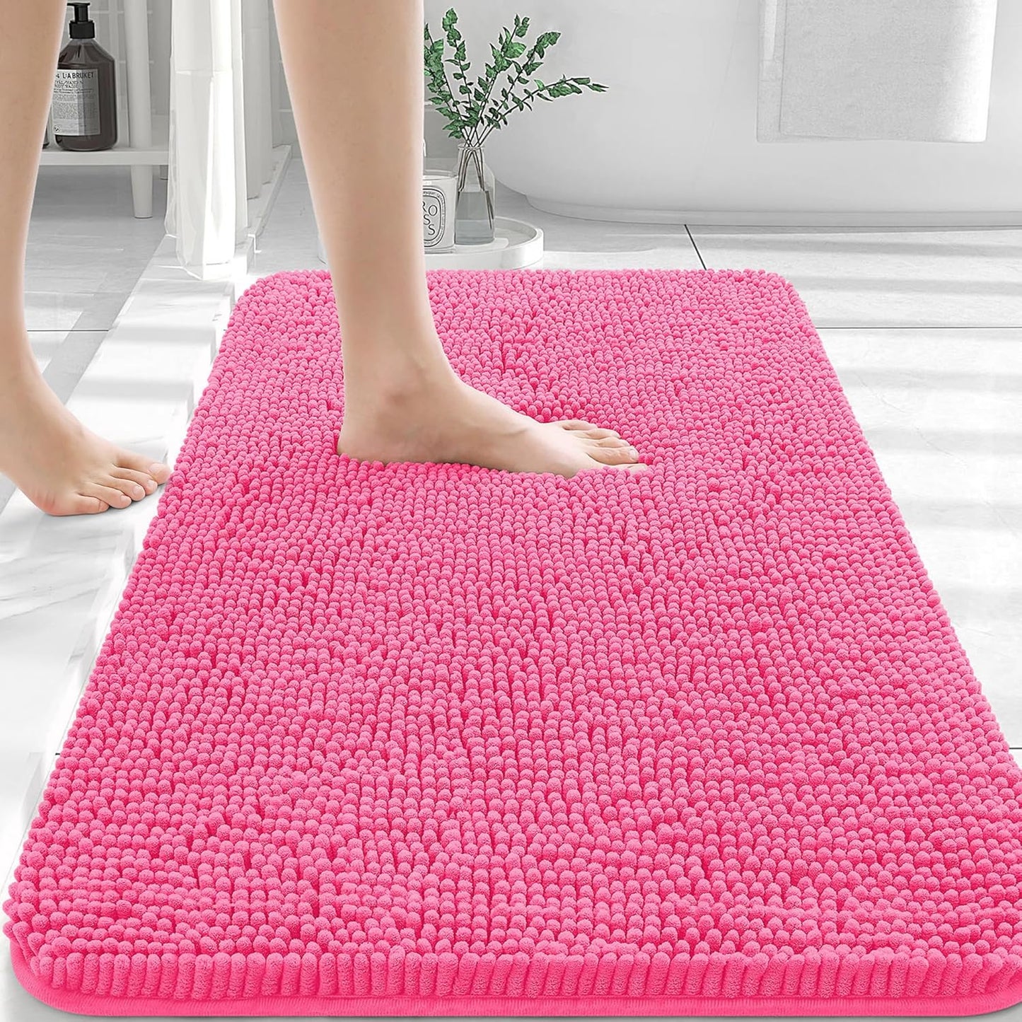 OLANLY Bathroom Rugs 36x24, Extra Soft Absorbent Chenille Bath Rugs, Rubber Backing Quick Dry, Machine Washable Bath Mats for Bathroom Floor, Tub and Shower, Home Decor Accessories, Hot Pink