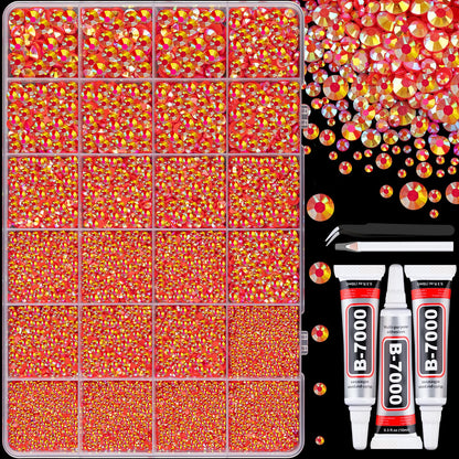 25000Pcs Resin Jelly Rhinestones with Tweezers for Crafting, Red AB Flatback Gems, Bedazzling Crystal with 3Pcs 10ml B7000 Jewelry Glue for DIY Crafts Clothing Tumblers Shoes Fabric Nail Art