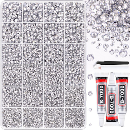 30000Pcs Resin Rhinestones for Bedazzling, Silver Clear Flatback Gems for Diamond Art, Crystal Bedazzler Kit with 3Pcs 10ml B7000 Jewelry Glue for Crafting Clothing Book Shoes Nail Art