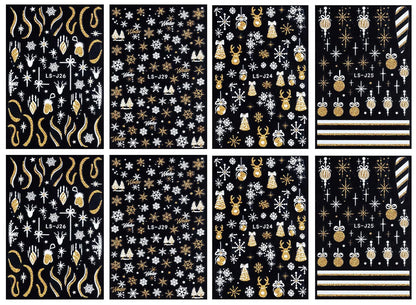 8 Sheets Glitter Christmas Nail Art Stickers Decals Self-Adhesive Holiday Gold Snowman Snowflake Winter Nail Supplies Nail Art Design Decoration Accessories