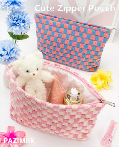 Knitted Checkered Makeup Bag Large Zipper Make Up Accessory Pouch for Purse Cosmetic Brush Bag for Travel Essential Pink Beige