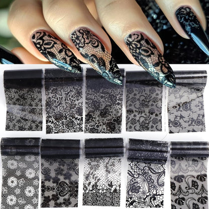 Lace Nail Transfer Foil Stickers 50PCS Black White Flower Lace Nail Foils Line Geometry Prints DIY Starry Paper Sheets Nails Art Decoration for Women Bride Wedding DIY Daily Designs Manicure Film