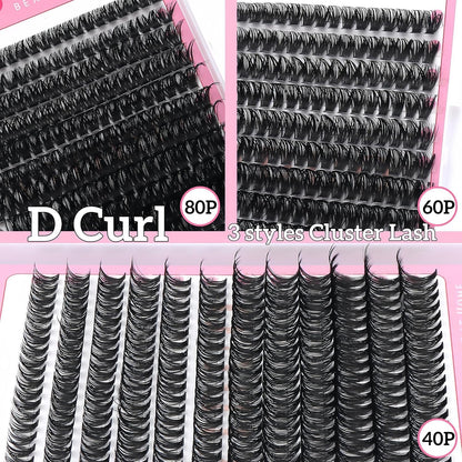 3 Styles Lashes Cluster Kit 720Pcs Eyelash Extensions Kit 40P+60P+80P Bulk Pack D Curl Volume False Eyelashes DIY Individual Wispy Fake Eye Lashes Combo Packs with Bond&Seal |Tweezers | Removers