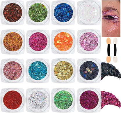 16 Colors Chunky Fine Mixed Holographic Glitter Gel Set for Face and Body Makeup Festival Party Sparkle Glitter Gel Decoration Rave Accessories