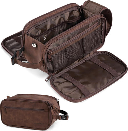PAVILIA Toiletry Bag for Men Women, Mens Travel Bag Toiletries Organizer Case for Grooming, Travel Essentials Shaving Dopp Kit, PU Leather Water Resistant Cosmetic Pouch, Dark Brown