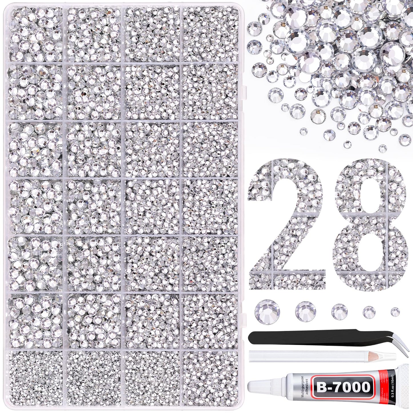 30000Pcs Resin Rhinestones for Bedazzling with Tweezers, Clear Rhinestones for Crafting with B7000 Jewelry Glue for DIY Crafts Clothing Tumblers Shoes Fabric Nail Art