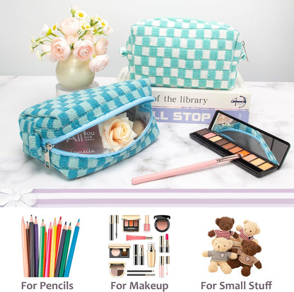 PAZIMIIK Checkered Makeup Bag for Purse Portable Zipper Make Up Pouch Small Cosmetic Case for Travel Accessories (2PCS Lake Blue)