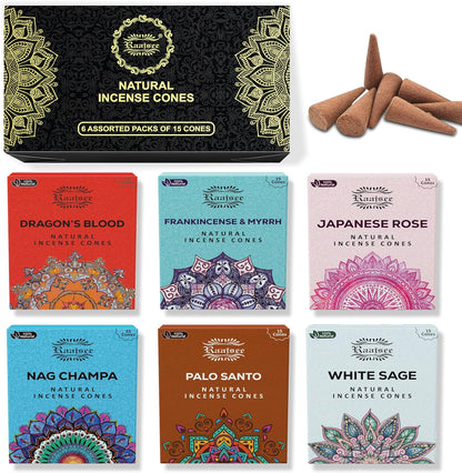Raajsee Natural Incense Cones,6 Pack Mixed Scents Gift Pack 15 pc Each (90 Total), Insense Cones Variety Pack, 100% Organic Non Toxic Natural - Hand Rolled Free from Chemicals (Pack 2)