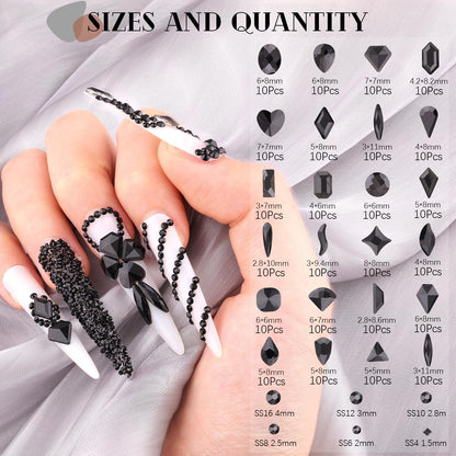 2750Pcs Black Glass Nail Rhinestones 240Pcs Multi Shapes Flatback Nail Gems + 2510Pcs 1.5-4mm Round Crystal, Manicure Nail Charms Diamond Gemstones for Acrylic Nails Decoration