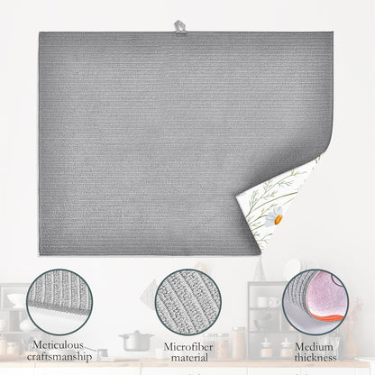 Wildflowers Dish Drying Mat,Watercolor Poppy Cornflower Drying Rack Pad Countertop Dishes Ultra Absorbent Microfiber Kitchen Counter Mat for Coffee Countertop Decor 18x24 Inch
