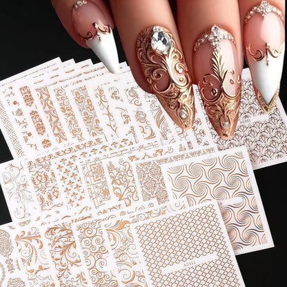 30 Sheets Lace Flower Nail Art Sticker 3D Self-Adhesive Hollow Rose Golden Lace Floral Vine Decals Irregular Geometric Manicure Sliders for Spring Summer Women Acrylic Nail Decorations