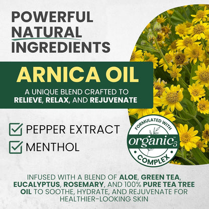 Sore Muscle Massage Oil for Massage Therapy with Arnica, Eucalyptus & Tea Tree Oil Blend for Deep Muscle Relief, Recovery, Softens Skin & Anti-Cellulite Massage for Professional & Home Use, 2-Pack