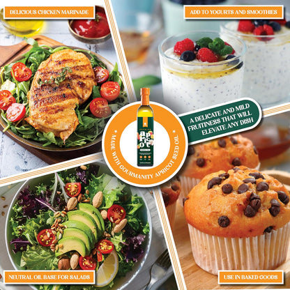 Gourmanity Apricot Seed Oil, Frying Oil with Natural Vitamin E, Apricot Kernel Oil, A Healthier Cooking Oil Alternative, Cholesterol Free, Keto And Paleo Friendly, 16.9 fl oz Bottle