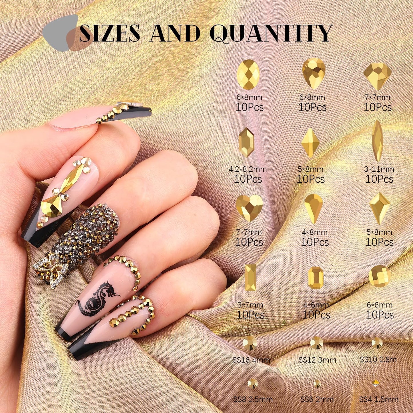 2680Pcs Mineral Gold Glass Nail Rhinestones 120Pcs Multi Shapes Flatback Nail Gems + 2560Pcs 1.5-4mm Round Crystal, Manicure Nail Charms Diamond Gemstones for Acrylic Nails Decoration