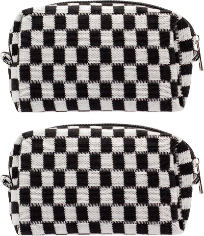 PAZIMIIK Checkered Makeup Bag for Purse Portable Zipper Make Up Pouch Small Cosmetic Case for Travel Accessories (2PCS Black)