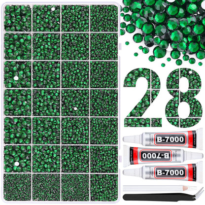 30000Pcs Resin Rhinestones for Bedazzling with 3Pcs B7000 Jewelry Glue, Emerald Green Flatback Gems Rhinestones for Crafting, Clothing Tumblers Mugs Shoes Fabric Decor Nail Art