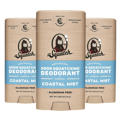 Dr. Squatch Natural Deodorant for Men - Odor-Squatching Aluminum Free - Coastal Mist (2.65 oz, 3-Pack)