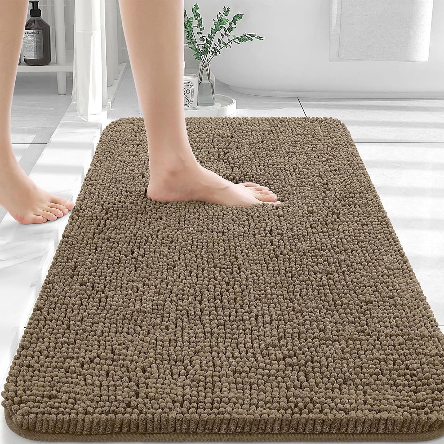 OLANLY Bathroom Rugs 36x24, Extra Soft Absorbent Chenille Bath Rugs, Rubber Backing Quick Dry, Machine Washable Bath Mats for Bathroom Floor, Tub and Shower, Home Decor Accessories, Tan