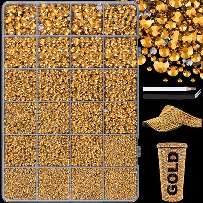 25000Pcs Resin Jelly Rhinestones with Tweezers for Crafting, 2-6mm Mixed Sizes (Copper Gold) Non Hotfix Flatback Gems, Bedazzling Crystal for DIY Crafts Clothing Tumblers Mugs Shoes Nail Art