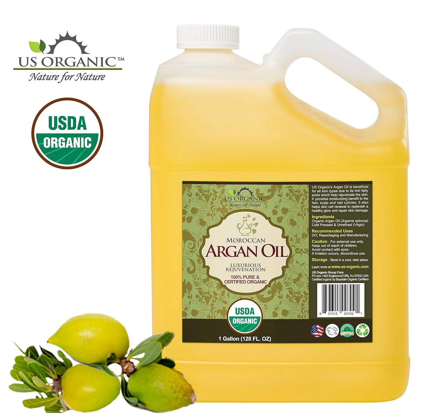 US Organic Moroccan Argan Oil, USDA Certified Organic,100% Pure & Natural, Cold Pressed Virgin, Unrefined, Origin_Morocco, Size for DIY and small manufacturers (128 oz (1 Gallon))