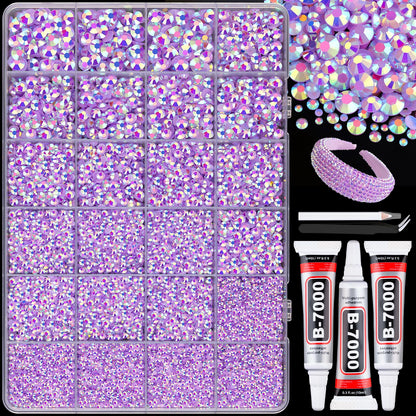 25000Pcs Resin Rhinestones with B7000 Jewelry Glue for Crafting, Lavender Purple AB 2-6mm Non Hotfix Flatback Gems, Bedazzling Crystal for DIY Crafts Clothing Tumblers Mugs Shoes Fabric Decor Nail Art